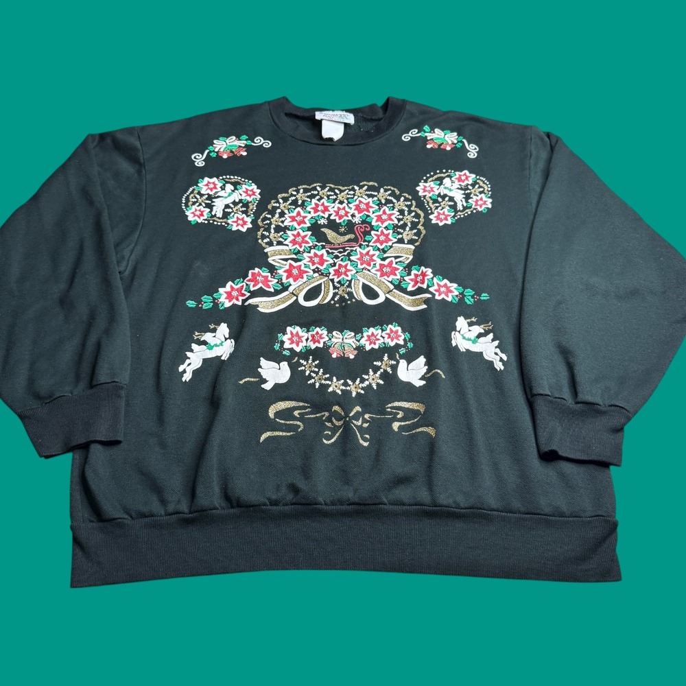 Vintage Rainberry Bay Christmas Wreath Sweatshirt Black Floral Holidays XL